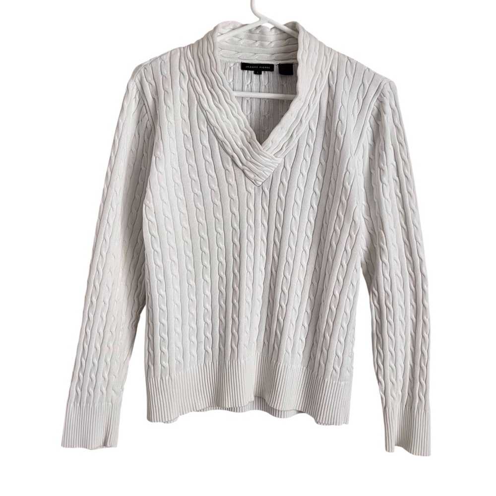 Jeanne Pierre White Cable Knit Sweater Shawl Collar Cotton Fisherman Coastal Lg